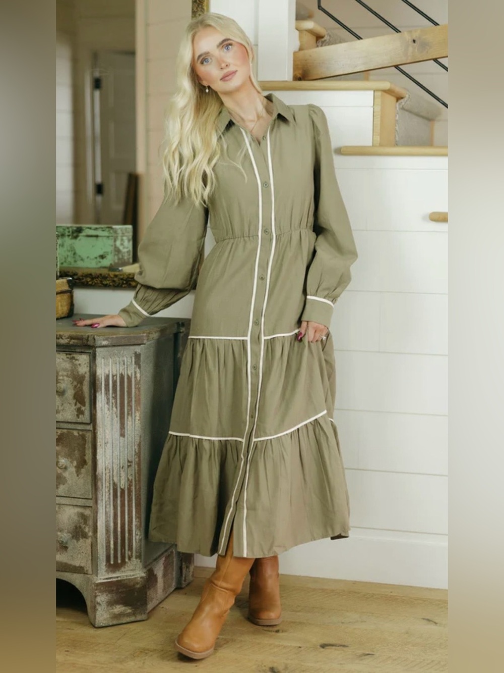 NWTS Boutique Olive Long-Sleeve Tiered Button-Front Maxi Dress womens Large